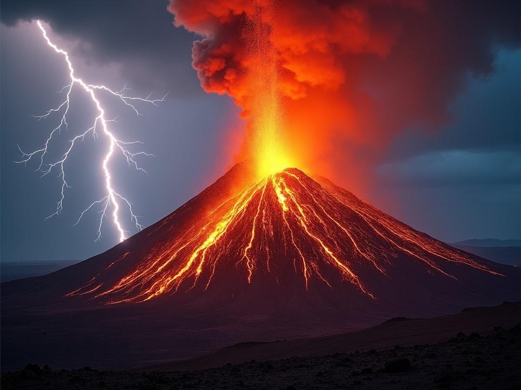 The image depicts a magnificent volcano erupting fiercely. Bright red and orange lava spews from the volcano, creating a dramatic scene. In the background, powerful lightning strikes illuminate the dark, stormy sky. The contrast between the bright lava and the dark clouds adds to the intense atmosphere. This breathtaking natural phenomenon captures the power of nature in a stunning visual display.