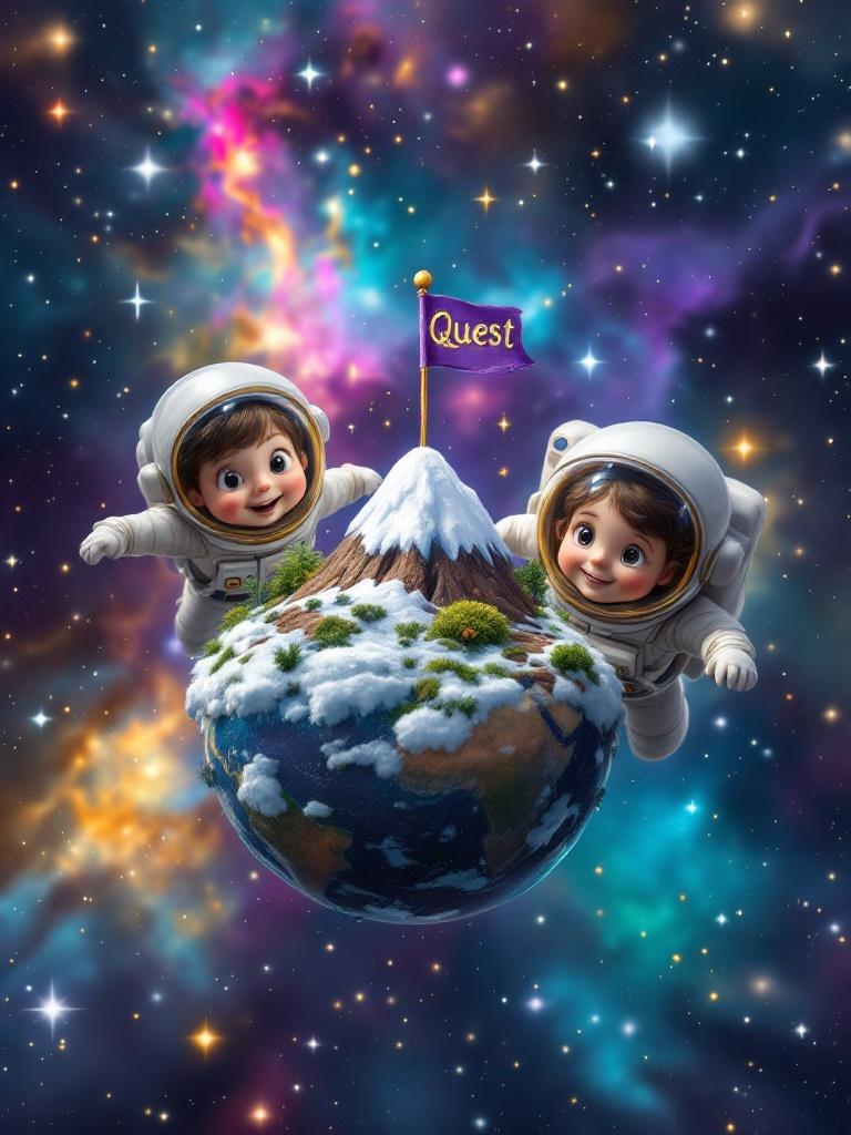 Scene captures joy of childhood imagination. Two children float in space. They wear astronaut suits. A tiny planet with a mountain is in the center. The mountain has a snowy peak. A purple flag with Quest in gold is planted on the snow. Background features stars and colorful nebulae. Children's expressions show pure delight and curiosity. They are explorers discovering a little universe.