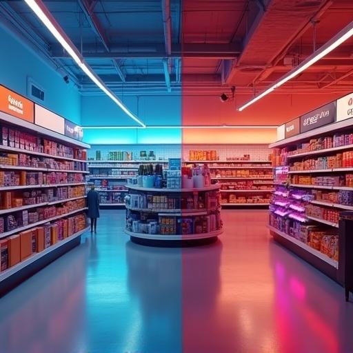 Show a grocery store before and after a super promotion. Use colorful transition and bright neon lighting. Capture the aisle layout with contrasting colors.