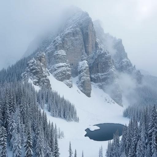 Snow-covered peak in the Canadian Rockies during a blizzard. Jagged limestone cliffs cut through swirling snow. Murky gray sky. Ice formations cling to wind-sculpted pine trees. Faint alpine lake lies frozen in the valley, partially obscured by blowing snow. Dynamic snow motion is evident.