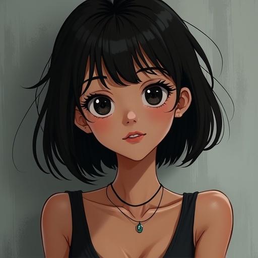 Girl with black eyes and long wavy hair of any color. Thin eyebrows. Wears a short dark hoodie and a long sleeve shirt, short skirt, and tights. Fun, adventurous, sociable, brave. Illustration is not realistic.
