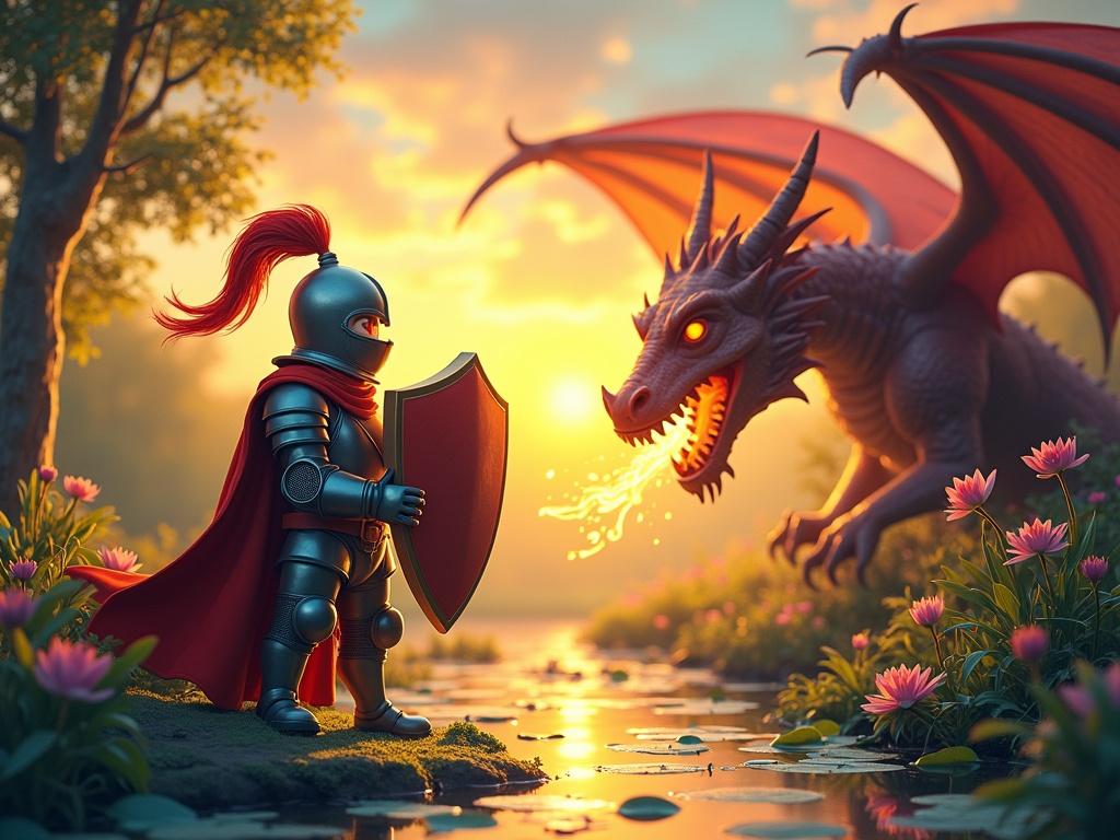 A playful knight stands confidently by a serene pond, surrounded by vibrant lily pads and flowers. The setting sun casts a warm glow over the landscape, creating a magical atmosphere. Suddenly, a fierce dragon appears, breathing fire towards the knight. The brave knight raises his shield with determination as flames dance around him. The contrast of the knight's brave stance against the dragon's fiery breath creates an exciting moment. The scene captures the essence of adventure and fantasy.