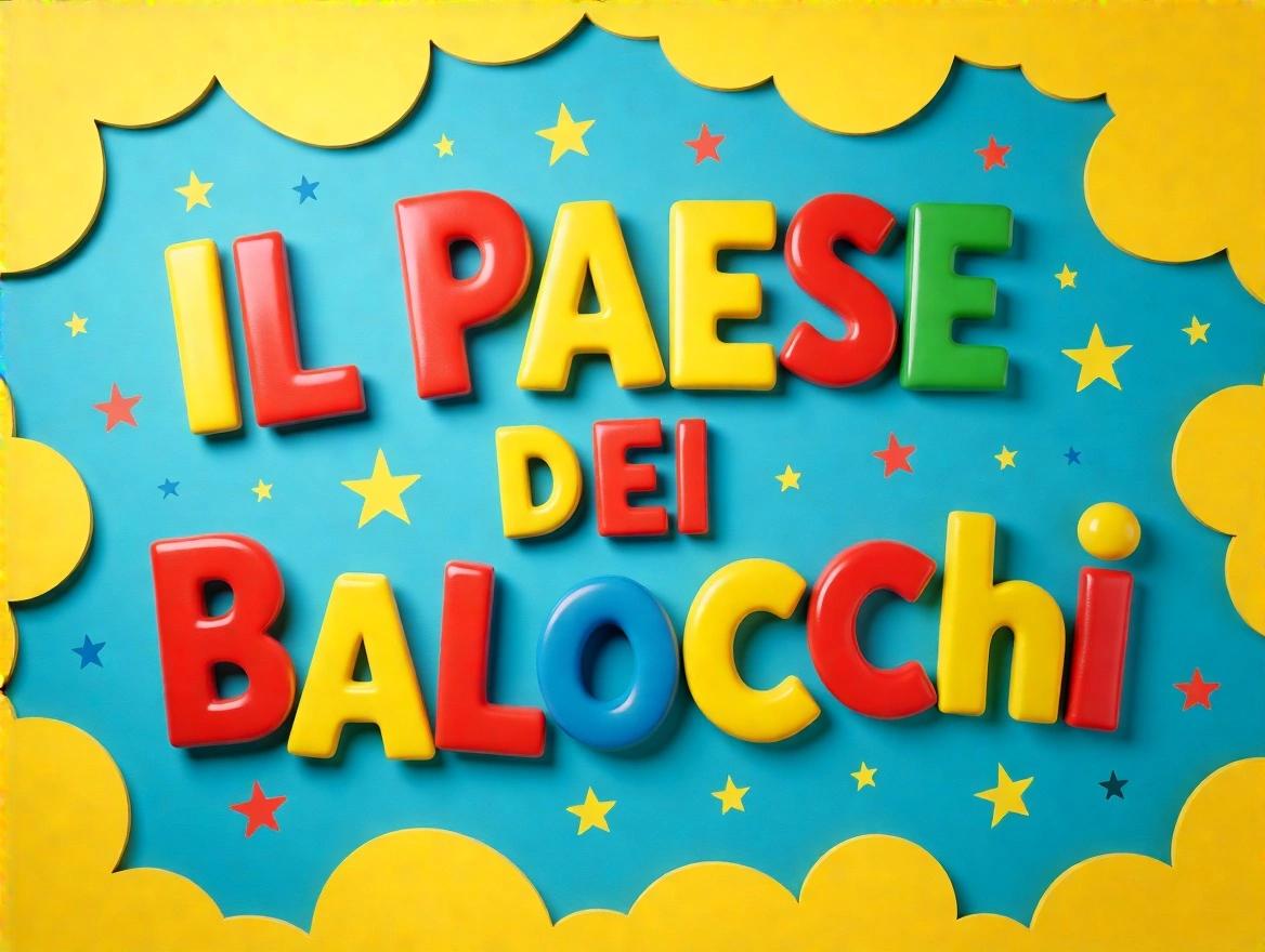 Colorful representation of 'Il Paese dei Balocchi'. Bright letters showcase a playful theme. Background features cheerful colors and whimsical elements. Symbolizes capitalism with a fun twist.