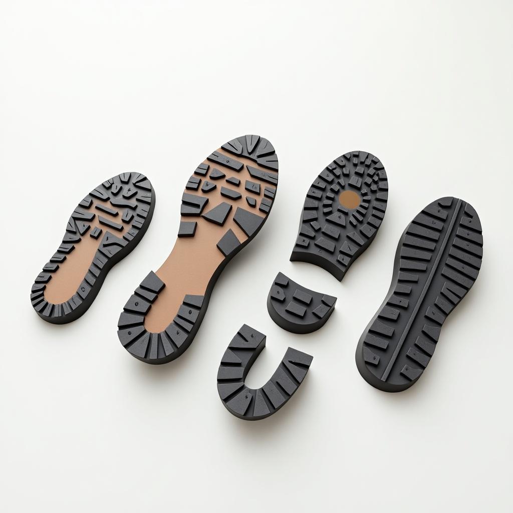 Different shoe sole designs for various purposes. Includes hiking, running, and walking soles. Soles can attach and detach using magnets or panels.