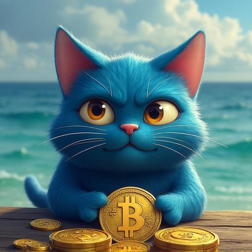 A blue cat with a serious expression holds a Bitcoin at a seaside background. Gold coins are scattered around.