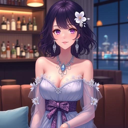 Anime-style illustration of a woman with wavy dark purple hair and soft purple eyes. She wears an elegant sheer off-the-shoulder grey dress with a white floral pattern. The dress has translucent sleeves and a patterned purple sash. She has a floral hair accessory, silver necklace with a gemstone, and drop earrings. Seated on a brown sofa with a blue cushion in a dimly lit bar with a city skyline in the background.