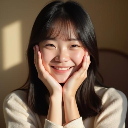A close-up of a happy Asian girl smiling with hands on her face. She has straight collarbone-length hair. The setting features warm and soft natural light.