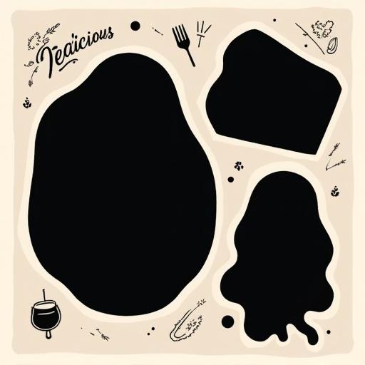 Square minimalist food-themed photo collage design with three irregular-shaped black photo frames slightly overlapping. Spoon-shaped frame at upper-left, sauce-splatter-shaped frame at bottom-right, tilted cake-slice-shaped frame at upper center. Soft beige or light grey background with minimal food-related line illustrations like forks and herbs. Includes English text decoration 'Delicious' at the top center. Clean and playful layout with large black photo areas.