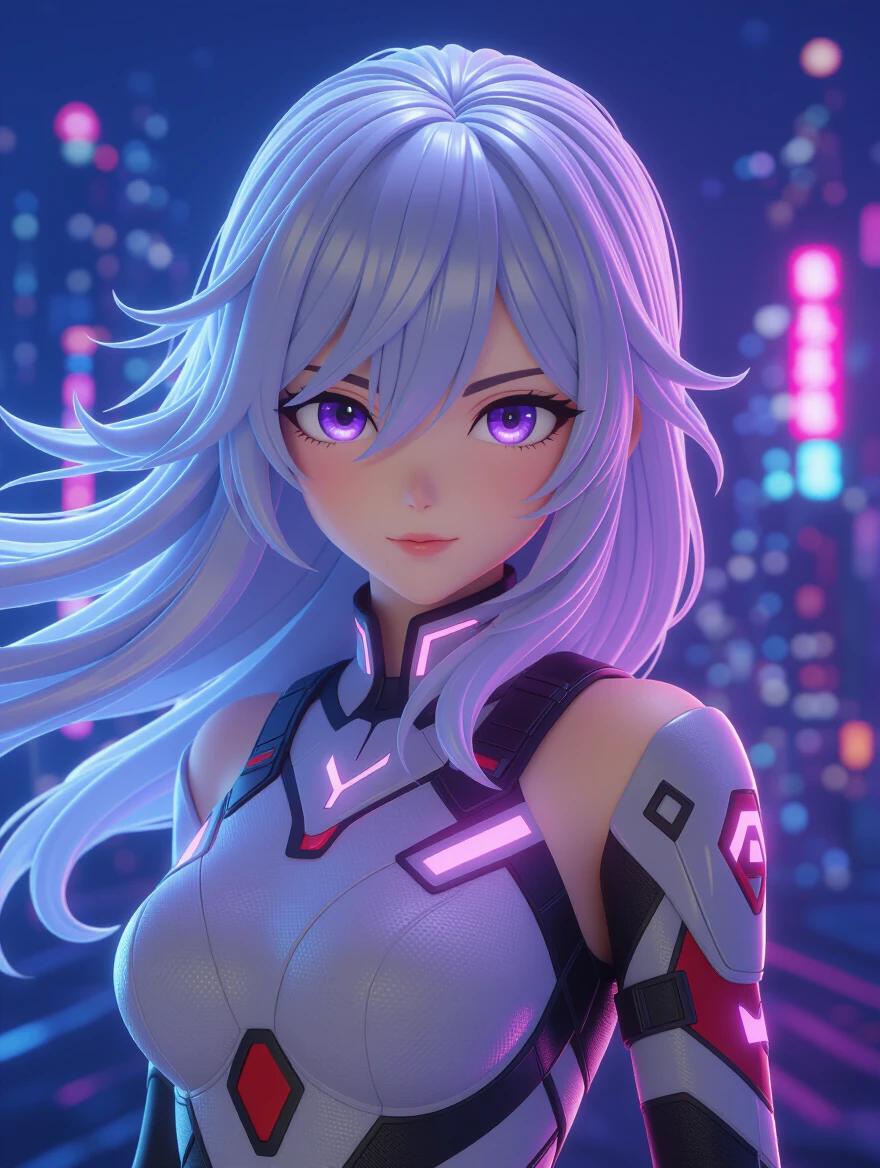 3D anime girl with flowing silver hair wearing futuristic combat outfit with glowing accents. Character is in dynamic pose with wind blowing through hair. Character gazes toward the camera. Scene backlit by neon-lit sci-fi cityscape with volumetric lighting and lens flare. Soft shadows enhance the scene. Character features stylized anime shading and high poly details. Image embodies Pixar meets anime aesthetic with ultra crisp details and ray tracing reflections.