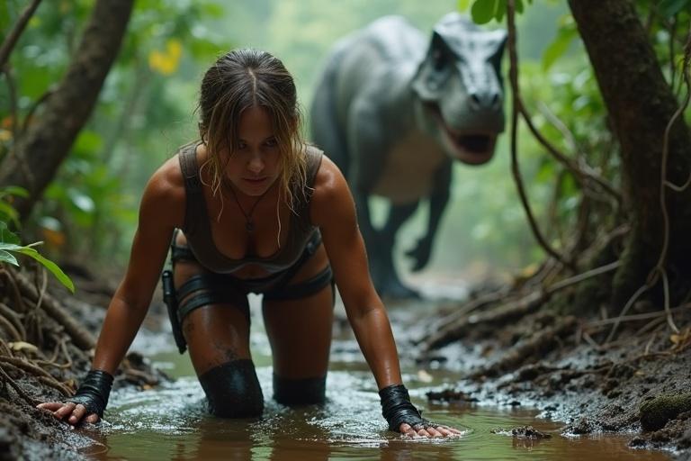 Lara Crawls Through Muddy Jungle Floor Toward Water Pool While Unseen T-Rex Stalks Nearby. She Wears Dark Crop Top Tactical Shorts and Boots. Her Body Shines Under Light. Background Features Blurry Large Dinosaur. Focus on Tension and Environment.