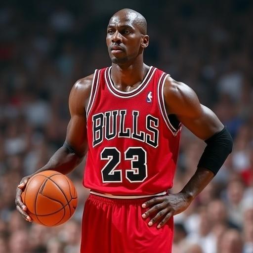 Basketball player stands holding a basketball. The uniform is red and black featuring the Bulls logo. Physique showcases athleticism and readiness. Indoor sports arena captures a competitive atmosphere.