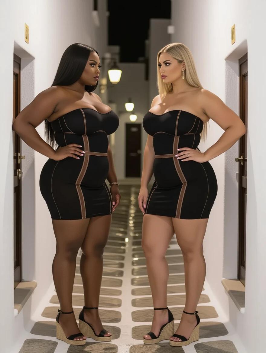 Two women standing in a Mykonos alley at night. One woman has black straight hair and dark skin. The other woman has blonde straight hair and light skin. Both are wearing tight black strapless bandage dresses and espadrille high heels. The atmosphere is dimly lit and moody.