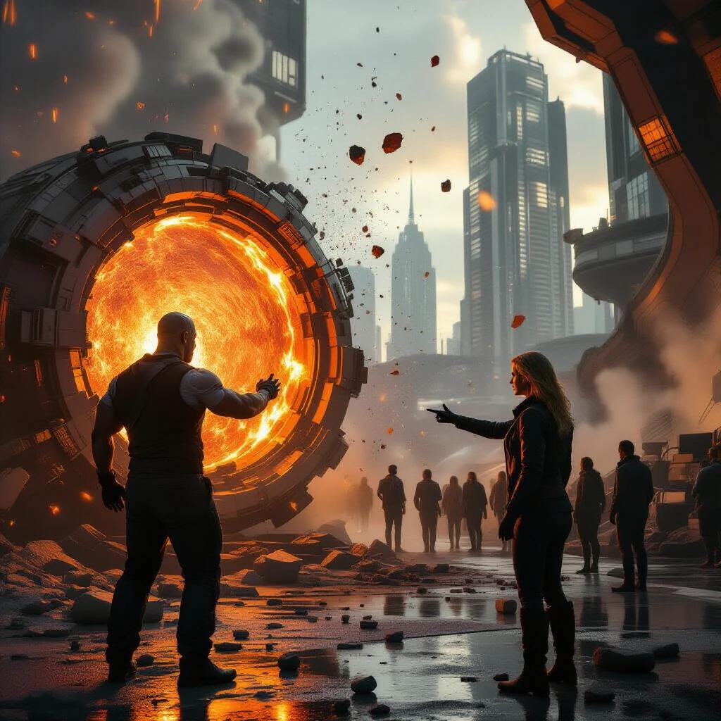 Dwayne Johnson steadies a glowing reactor core radiating red-orange molten energy. Emily Blunt directs a group of civilians to safety. Advanced metropolis shows structural damage. Dust particles float in air with lens flares and falling debris.