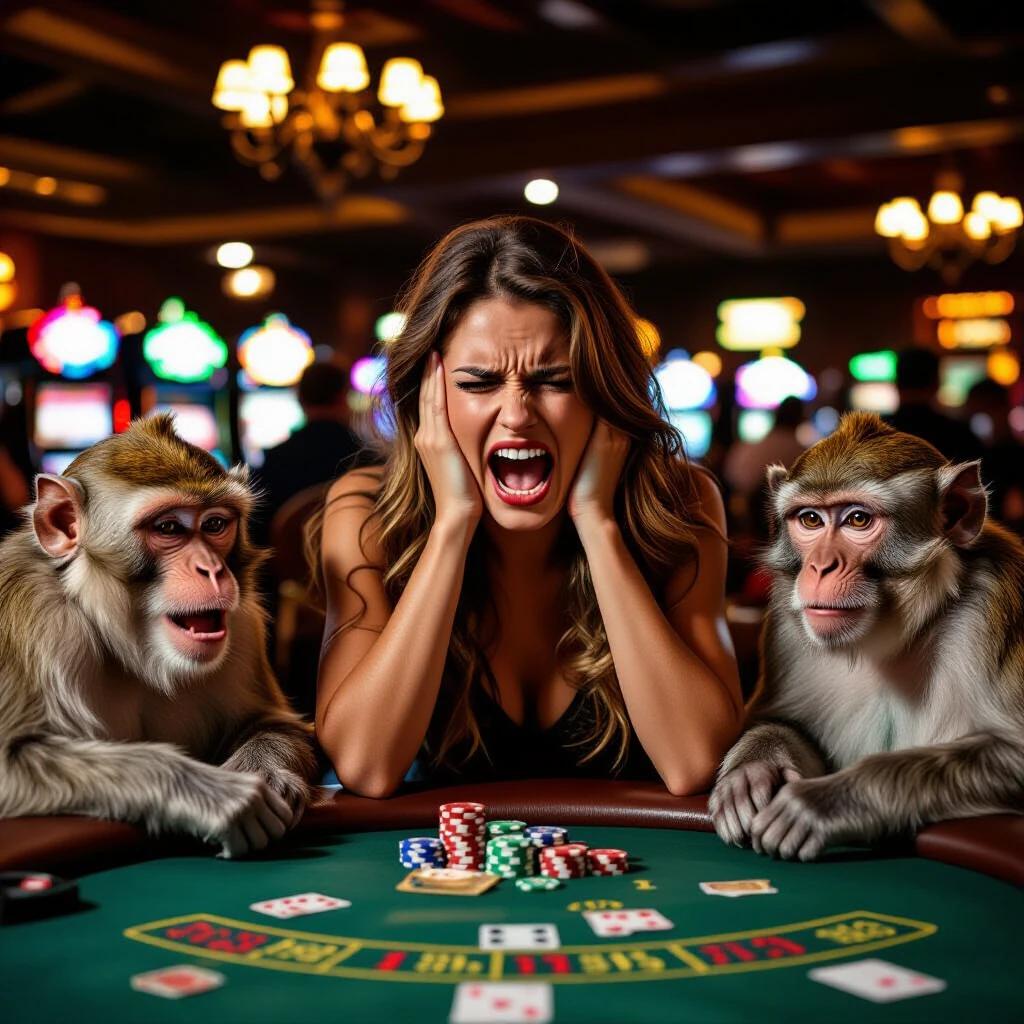 A woman in frustration at a poker table in a casino. Monkeys are sitting beside her playing cards. The setting is bright and lively. The game chips are scattered on the table.
