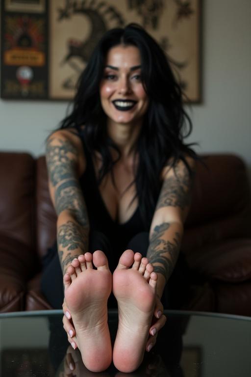 Image shows a goth woman with long black hair and black lips. She shows her tattooed soles of bare feet. She's sitting on the couch putting her feet on the glass table. She's smiling.