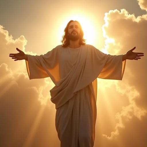 Radiant light emanates from Jesus. Image depicts Jesus Christ in robes standing with outstretched arms. Background features soft clouds and golden hues. Creates an inspirational and divine atmosphere.