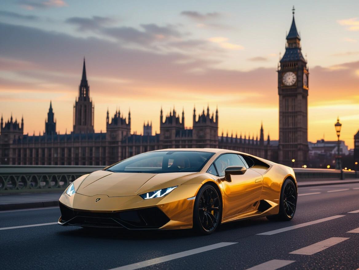 Realistic photo of a golden Lamborghini driving on the street in front of London's Big Ben during sunset. The scene captures the vibrant colors of the sky and highlights the luxury of the vehicle.