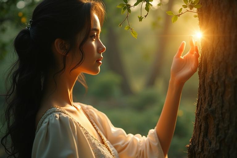 Ultra-HD 4K hyper-realistic 3D scene. A young woman interacts with a tree. A glowing light emerges from her hand. She has radiant milk-white skin and wavy black hair. Her dress is white-blue silk with floral details. Captured in an enchanted forest under bright daylight. Ultra-detailed tree bark and light effects are present. A cinematic medium shot.