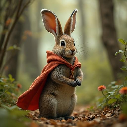 Rabbit dressed in a red cloak stands in a forest. The forest has living trees and branches that resemble arms. Soft light filters through the trees.