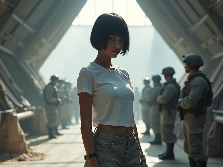 Photo featuring a realistic female soldier with short dark hair wearing a white t-shirt and light grey army pants in a large grey tent mess hall during daytime. Soldiers positioned in the background creating a military atmosphere with soft sunny light and shadows playing across the scene.