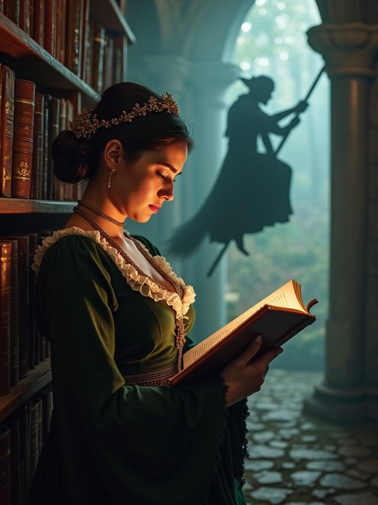 A woman in historical attire reads a book in an enchanted library. A shadowy figure rides a broomstick in the background.