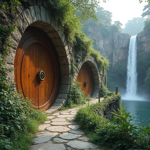 A stone dwelling built into a rocky cliff with large circular wooden doors. Panoramic glass openings are visible. Hobbit-style architecture blends with nature. Soft vines cascade from the cliff. Lush green plants line the stone pathway. A majestic waterfall cascades down into a reflective pond. Gentle ambient light creates a serene atmosphere.
