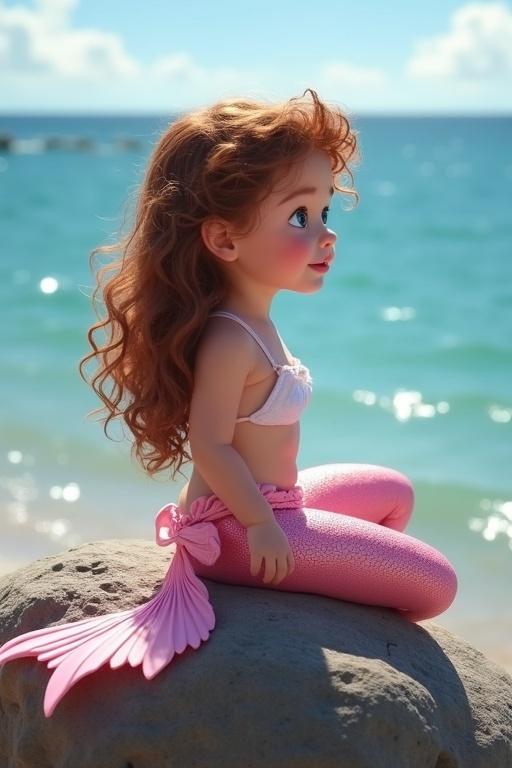 Image of a three year old mermaid toddler with light brown curly hair and blue eyes. She wears a pink shimmering tail and a white top. She is sitting on a rock in the ocean looking towards the shore. She resembles a real-life person and appears beautiful.