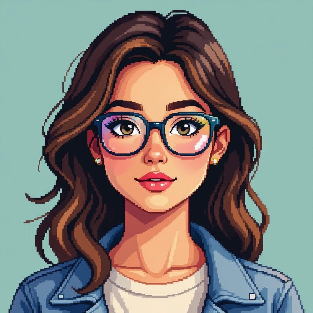 Create a pixel art illustration featuring a girl wearing glasses. The girl has wavy hair and is styled in a casual outfit. The background is a soft pastel color. The overall feel is friendly and contemporary.