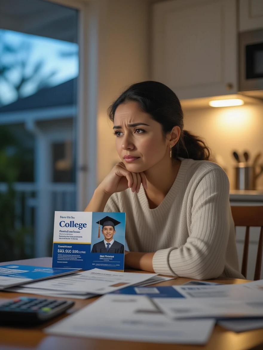 A tired but hopeful Latin American mother in her late 30s sits at a small kitchen table covered with college brochures. A calculator and bills are nearby. It's nighttime and a warm kitchen light softly illuminates her thoughtful expression. She looks at a photo of her teenage son in graduation attire. The background features a modest home suggesting financial challenges. The scene captures emotional tones with cinematic lighting.