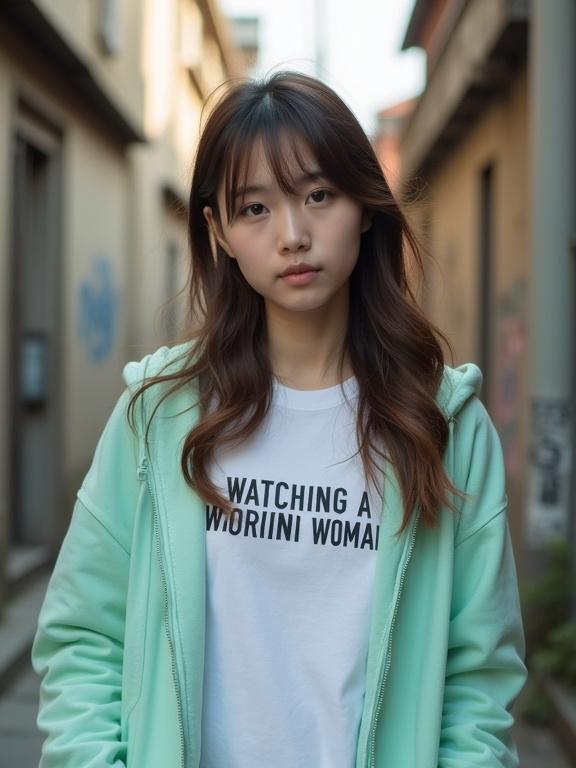 Natural photo of a young East Asian woman standing in a quiet urban alley. She wears a mint green zip-up hoodie over a white T-shirt. Text on shirt says 'WATCHING A WORKING WOMAN'. Hair is long and brown, softly styled. She gazes gently at the camera. Background has old, slightly worn walls with faint graffiti. Captured in soft backlight creating a serene atmosphere.