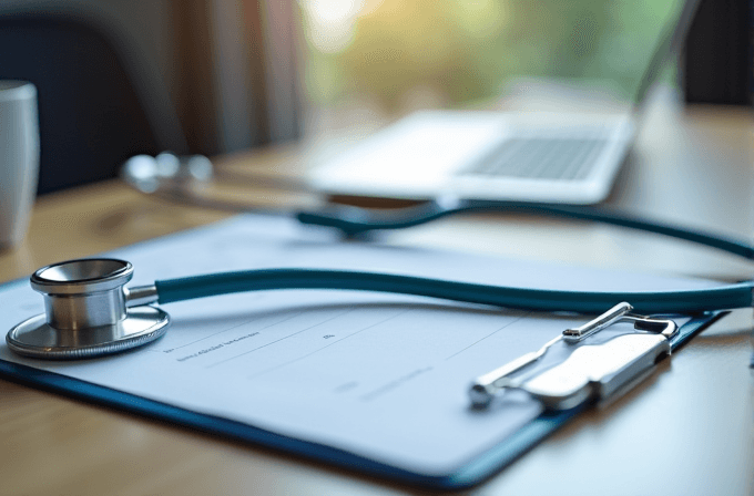 A stethoscope and pen rest on a clipboard on a table.