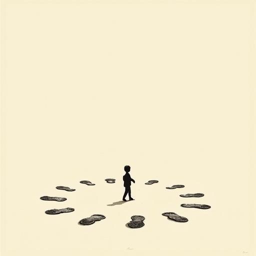 Minimalist tiny human walking in a perfect circle of footprints. Vintage oversized objects with vast negative space. Clean background with elegant composition and subtle grain texture.