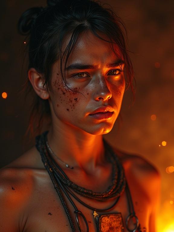 Portrait of the Molten-Eye, an apprentice of the forge caste, face burned with scars and soot. One eye focused, other reflects molten light. Background glows with molten iron. Bare chest with spiral burn marks, necklace of screws and wire. Light and shadow highlight pain, devotion, awe. Fire particles drift in smoke.