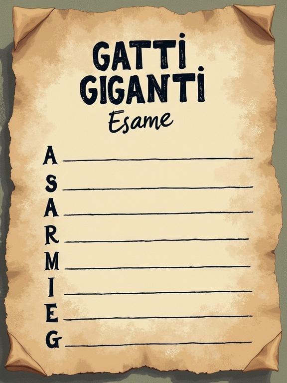 A realistic printed sheet features the title GATTI GIGANTI. The content includes a series of questions for a biology examination. The format includes numbered questions and answer options labeled A to E. The paper appears aged or parchment-like with a textured surface.