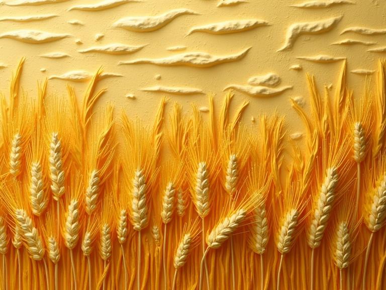 Golden wheat field represented in textured clay relief. Sculpted surfaces show painterly brush dabs. Unique individual wheat stalks are visibly distinct.