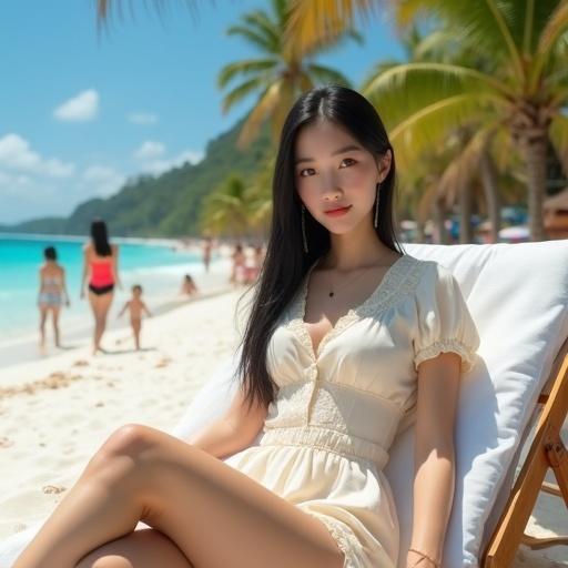 Portraying a young Asian woman reclining gracefully on a beach chair. She has porcelain skin redolent with a soft blush. Her warm brown eyes exhibit kindness. Long black hair with blunt bangs elegantly frames her face. Wearing a cream-colored lightweight blouse and high-waisted shorts that highlight her figure. Surrounding beach scene filled with women in colorful swimwear, palm trees swaying, and calm turquoise waves under a bright sky.