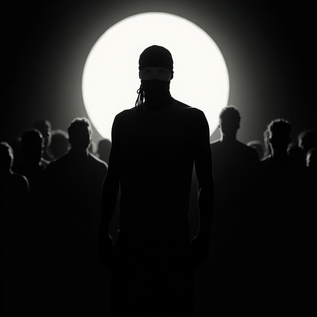 The image shows a powerful silhouette standing confidently. Grounded figure illuminated by faint glow. The glow contrasts with shadowy crowd in background. Scene evokes determination and strength. Captures moment of standing out. Perspective highlights figure's isolation and strength in dim setting. Man stands in front of bright light source. Wearing black bandana covering face. Adds air of mystery. Background is black, emphasizing figure and halo effect from light. Pose suggests strength and anonymity. Artistic portrait combines fashion and dramatic lighting.