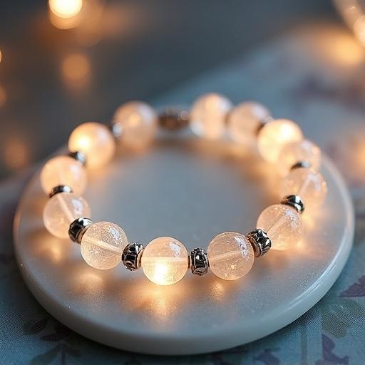 Close-up image of a crystal bracelet with soft lighting. The bracelet has high-quality crystal beads and subtle metal accents. The setting showcases traditional aesthetics and timeless elegance.