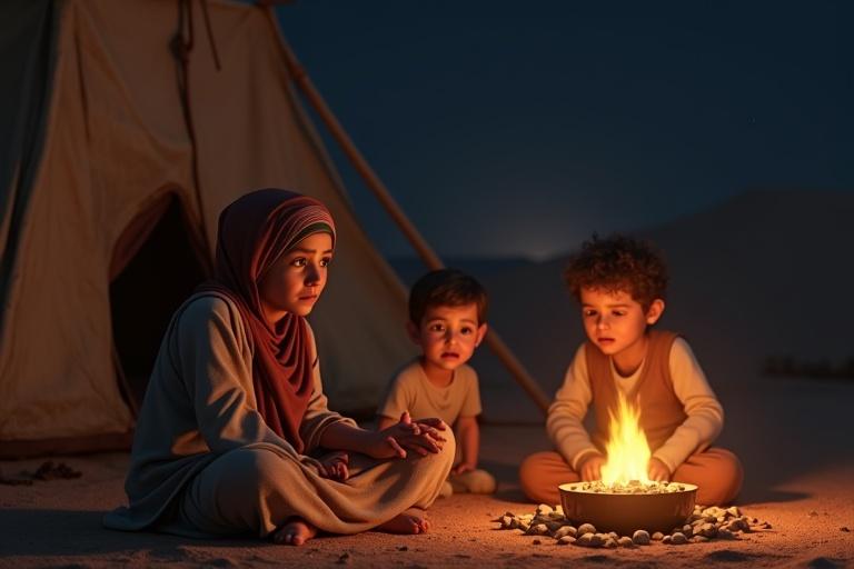 A worn-out tent at night with three children near a small fire. An exhausted mother stirs a pot of boiling stones. Dim light reflects on their sad faces. The scene reflects an Islamic desert lifestyle with emotional depth and realistic detail.