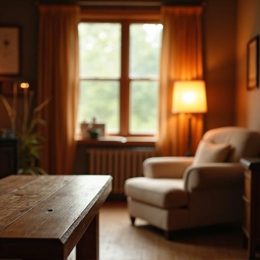 A cozy room with warm tones. A wooden table is in the foreground. Soft light comes from a lamp on the right. Natural light filters through a window. The scene feels inviting and peaceful. The armchair adds to the comfort of the setting.