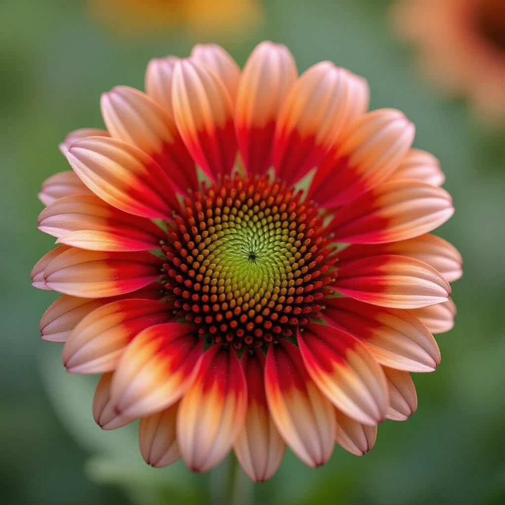 A colorful flower with vivid red and peach petals. The center of the flower has a bright green spiral pattern. Colors vary from red at the edges to yellow at the core. Soft background blur highlights the flower's details.