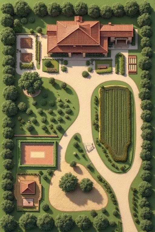Aerial view of a well-organized 10-acre farm. Layout divided into five main sections. Includes a dairy area specifically for poultry. Horticulture design incorporates olive trees. Crop production area shows various plant plots clearly. Event area displays rustic Italian architectural style. Pathways facilitate connectivity across the entire farm. Dimensions for each section are accurately measured.