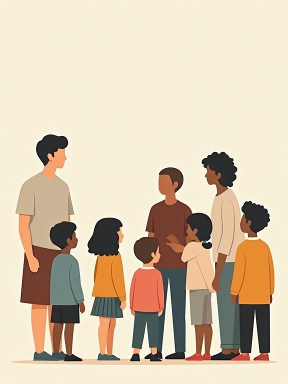 Group of kids and two adults standing together. Diverse human characters with exaggerated body types and simplified clothing. Faceless and colorful. Playful poses with clean shapes. Editorial illustration style with no hyperrealism.