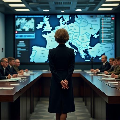 Fiona Hill stands in a war room at the Ministry of Defence. Engaged in discussion with military strategists. Serious expression. Large maps of Europe on the wall. Screens showing real-time intelligence. The atmosphere is tense and professional.