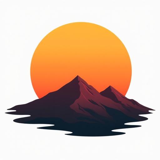 Sunset-inspired graphic with a bold rounded sun and layered mountain bands on a white background. Cutout design featuring flat black mountains contrasting against the bright background.