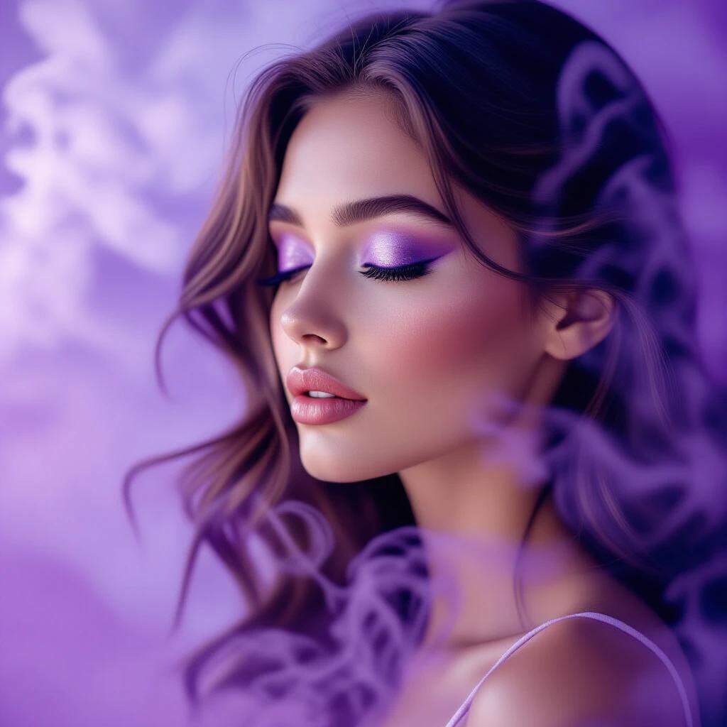 A serene young woman gazes sideways. Dark hair cascades around her. Violet mist swirls around her. Eyes gently closed. Soft lighting creates a dreamy atmosphere. Purple eyeshadow mirrors the haze. Composition focuses on her profile. Evokes calm and enchantment. Rich in depth and feeling.