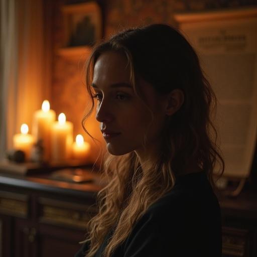 A narrator reflects in candle-lit surroundings. Ancient scrolls and books lie behind. Warm lighting creates a soft atmosphere. Abstract symbols like a silver coin, tree, and kiss appear subtly. A slow cinematic zoom adds to the mystery and reflection.