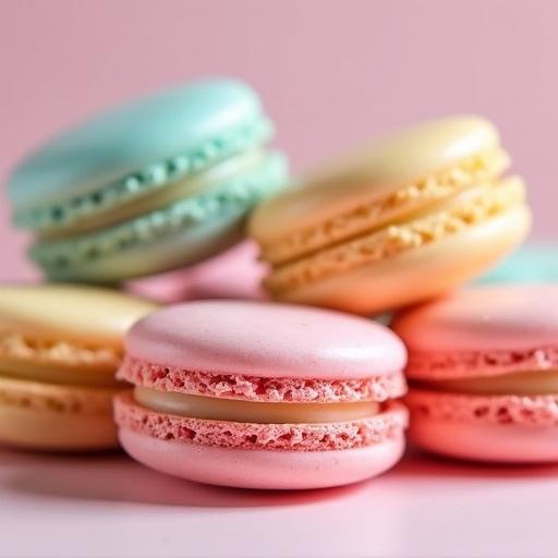 Perfect macarons with smooth tops and ruffled feet in pastel colors stacked on a pink background.