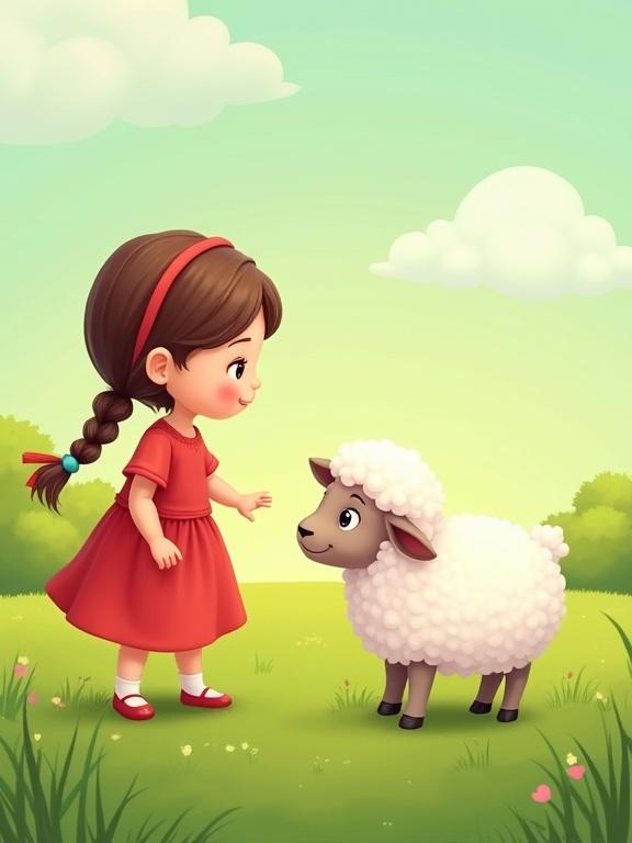 A little girl with brown braids in a red dress interacts with a fluffy white sheep in a green meadow. The scene is cheerful and colorful, designed to be child-friendly.