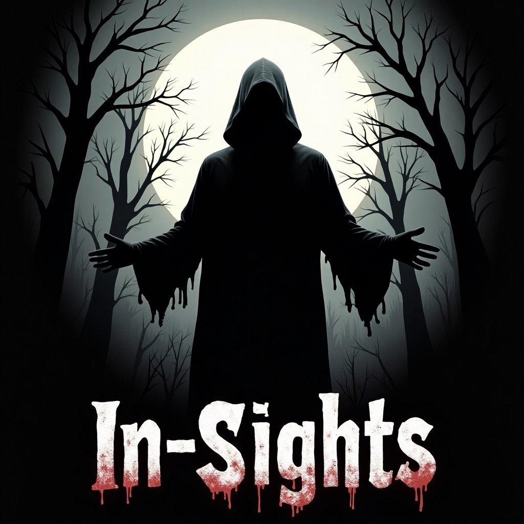 Dark silhouette of a hooded figure with outstretched arms against a large moon. Barren trees surround the figure. Ominous background is dimly lit. Title 'In-Sights' appears at the bottom in bold, distressed font. Color palette includes black, white, and red.